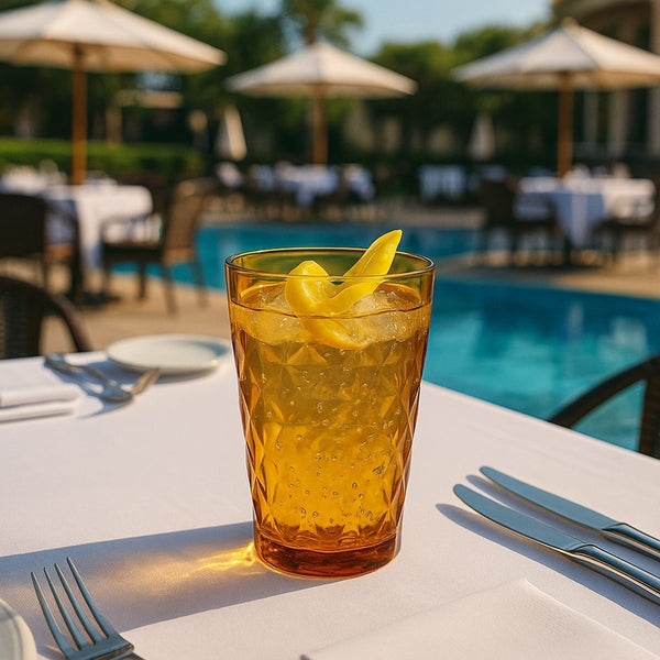 Turgla Rubikap Prism dia.3.5" h:5.5" 14 oz. Round Amber Polycarbonate High - Ball (Set of 36) (R - PRSTMB300AMB) - iFoodservice Online